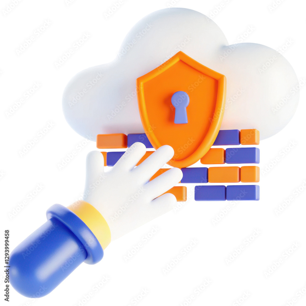 Leinwandbilder Cloud computing security concept with a hand reaching for a shield on a cloud background.