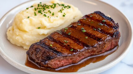 Grilled steak with a rich brown gravy served alongside creamy mashed potatoes on a light beige plate
