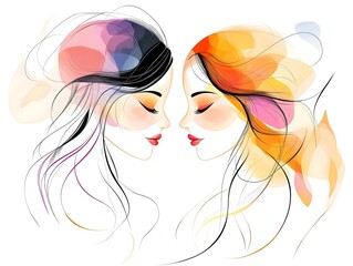 Abstract Twin Portraits with Watercolor Accents