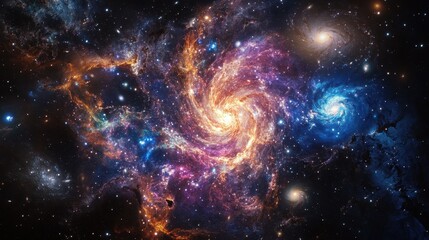A stunning close-up view of a vibrant galaxy, featuring a beautiful spiral galaxy prominently in the background.