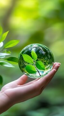 A hand gently cradles a crystal sphere containing a small green plant, set against a softly blurred background of lush green foliage. The image