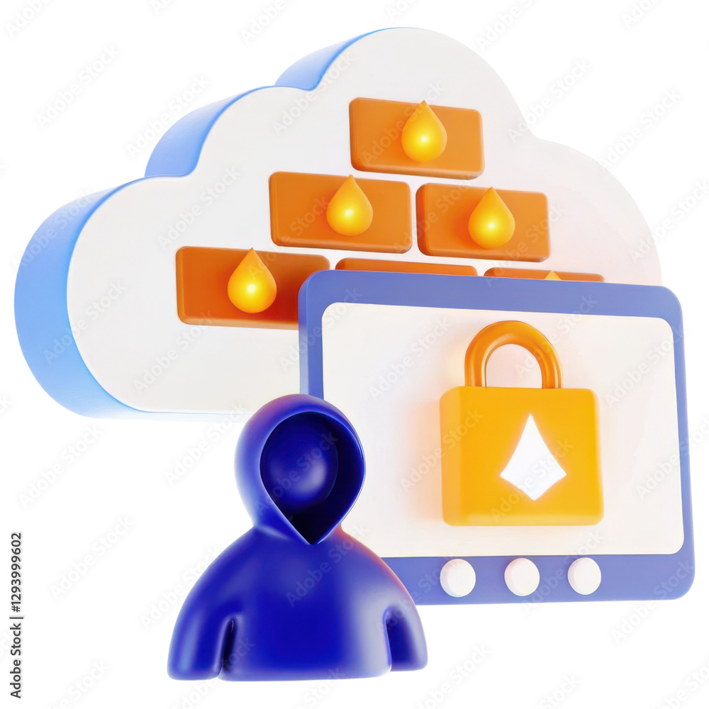 Poster Cloud security concept with a lock, user figure, and protective elements displayed in a 3D style.