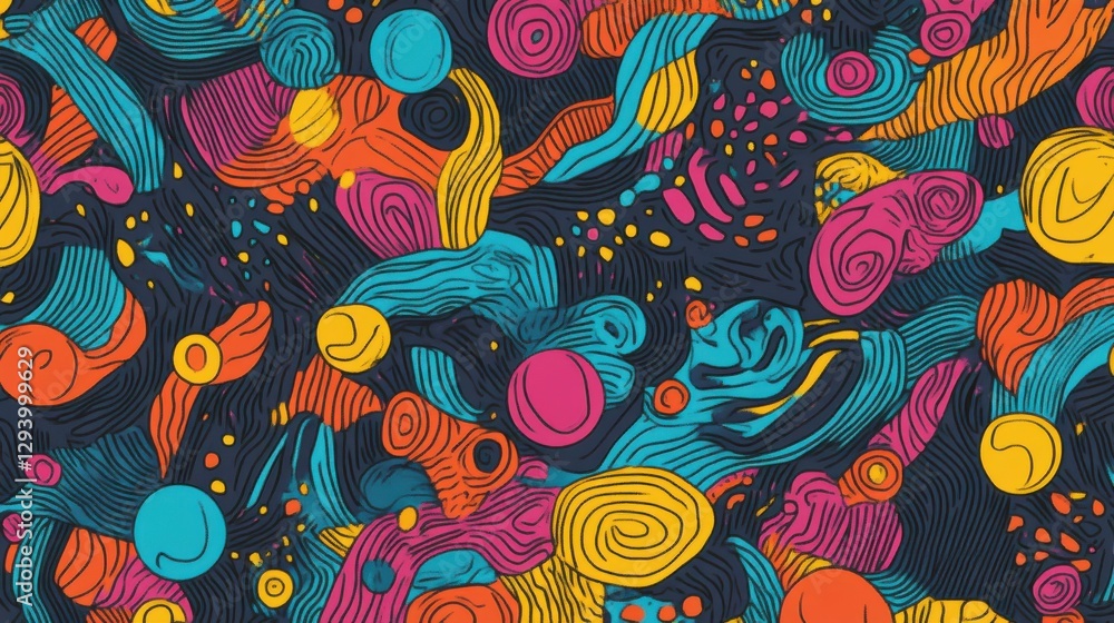 Poster colorful abstract pattern with swirls and dots in bold colors