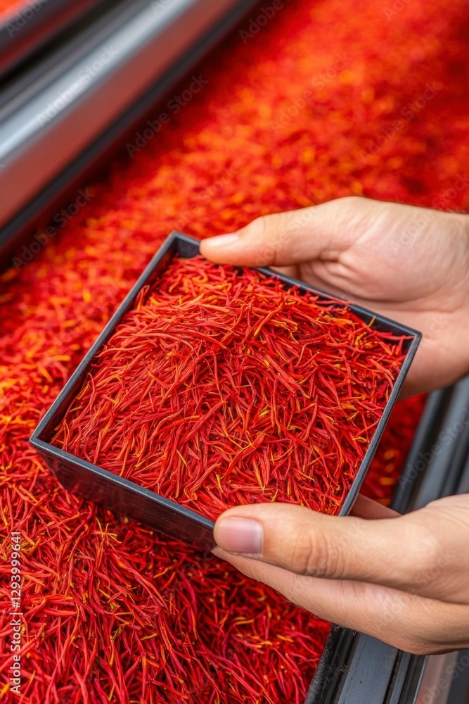 Poster close up view of hands holding a small square container filled with vibrant red saffron threads, set