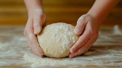 Close up view of hands gently shaping a ball of light beige dough, dusted with white flour, on a wooden surface. Soft, warm lighting