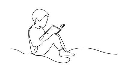 Young Boy Reading Book, Outdoor, Line Art, Simple Illustration, Child Education, Knowledge, Learning