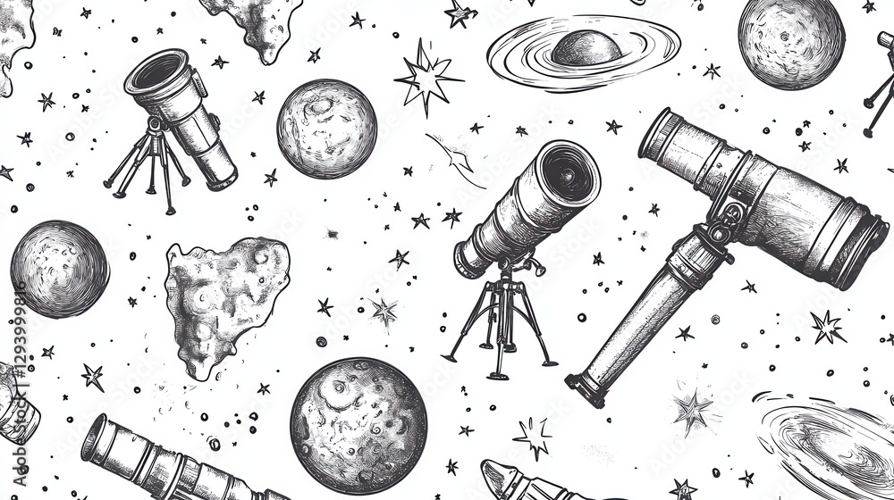 Poster artistic pattern of telescopes and celestial bodies on white background