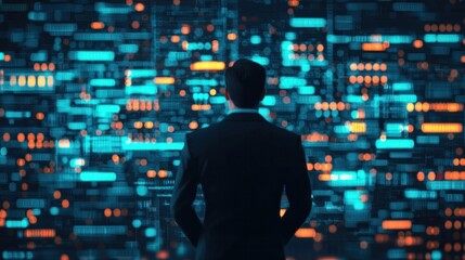 Exploring digital innovation a businessman analyzes data patterns in a high-tech environment