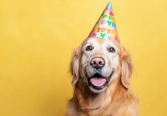 Happy Golden Retriever dog wearing a colorful party hat against a yellow background. The dog looks joyful and playful, perfect for birthday themes