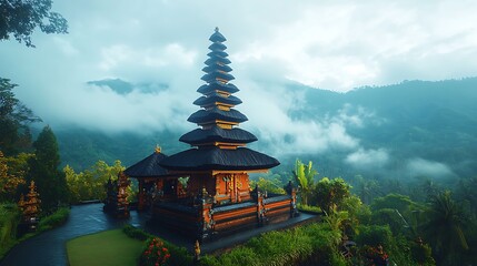 Fototapeta premium A majestic temple in a lush mountainous environment with clouds