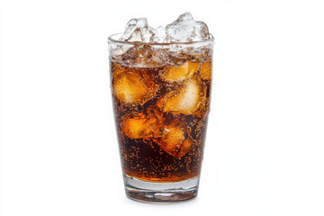 Pouring soft drink in glass with ice splash on white background