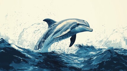 Fototapeta premium A sleek dolphin leaps gracefully from azure waters, turning elegantly towards the horizon. Its realism captures every detail against the vivid sky backdrop