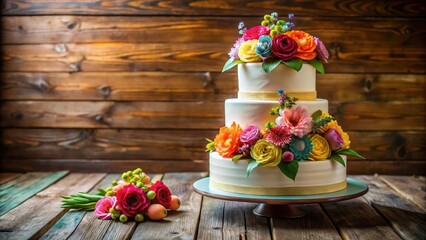 Colorful wedding cake decorated with fondant and fresh flowers in a rustic wooden table setting, flower arrangements, wooden tables