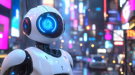 White robot in a futuristic cityscape