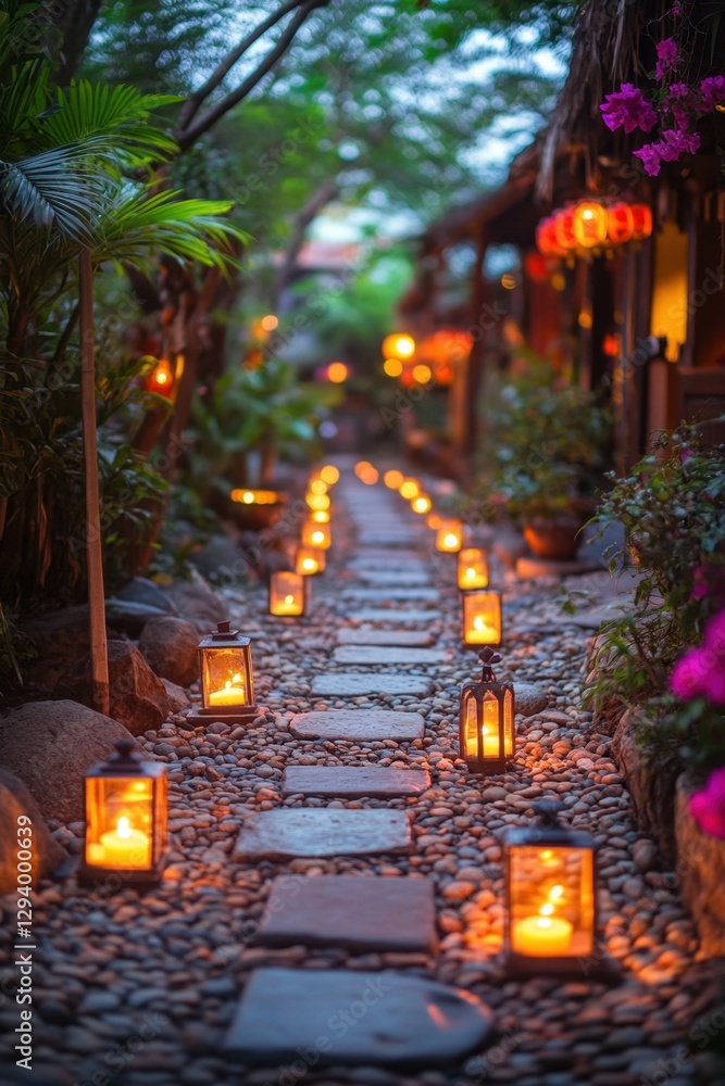 Poster enchanting pathway illuminated by lanterns in a tranquil garden setting creating a warm and inviting
