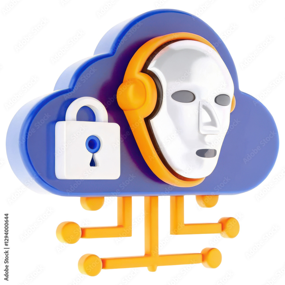 Fototapete 3D illustration of a cloud with a robot face and a lock, symbolizing AI and cybersecurity.