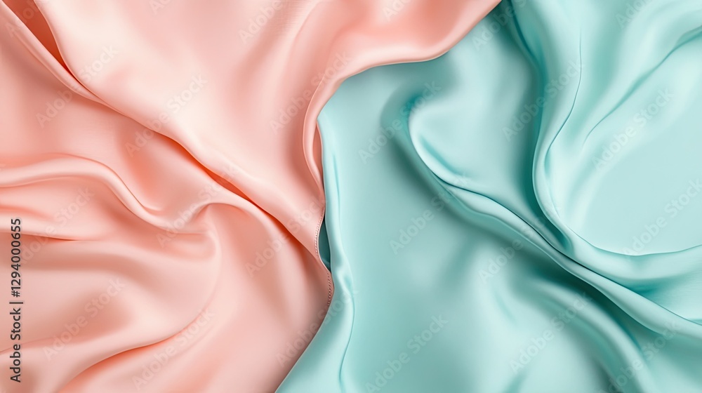 Poster smooth satin fabric in pastel blue and pink features elegant folds and ripples, creating a dynamic a