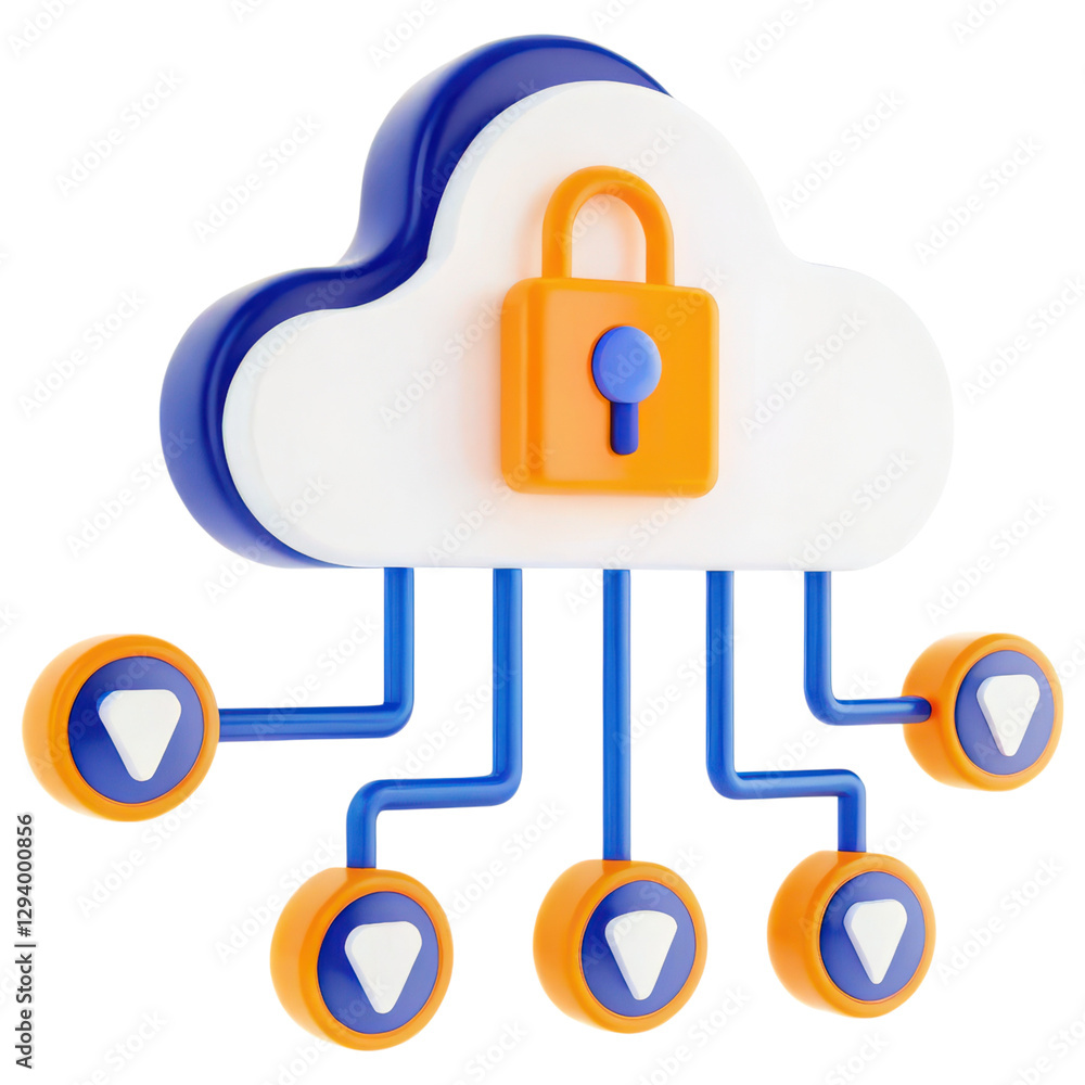 Poster 3d cloud symbol with a lock, representing secure data storage and protection.