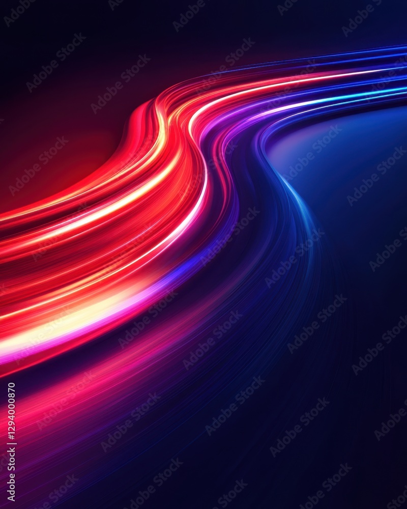 Poster dynamic light trails of vibrant red and blue hues creating a sense of speed and energy on dark backg