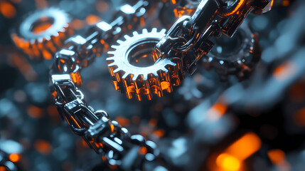 3D rendering of interconnected gears and chains