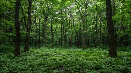 Obraz premium Lush green forest scene, trees towering, abundant plants, sunlight dappling through leaves