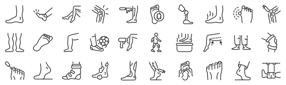 Set of 30 outline icons related to leg, foot.  Linear icon collection. Editable stroke. Vector illustration