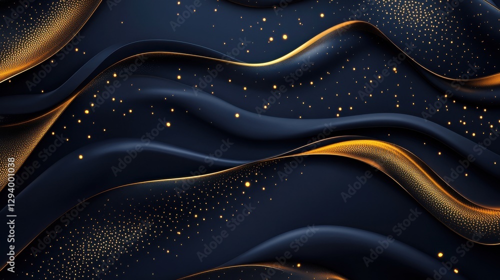 Poster elegant waves of gold and black with sparkling elements in background