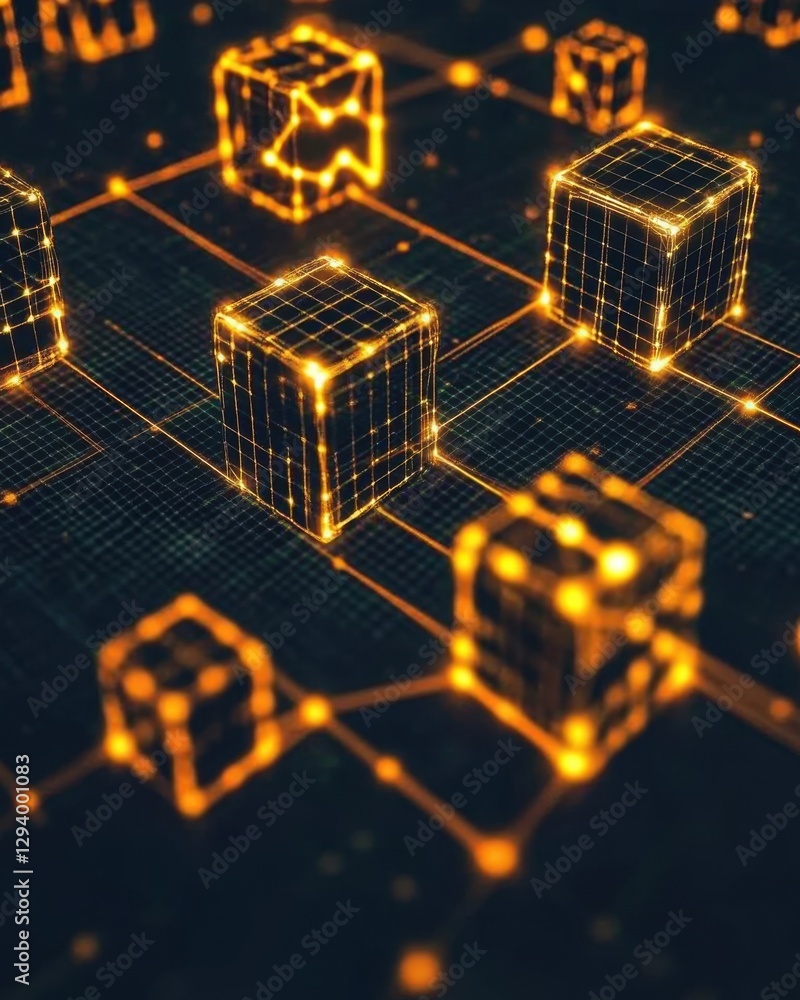 Poster abstract glowing cubes connected by lines on a dark background futuristic network technology concept