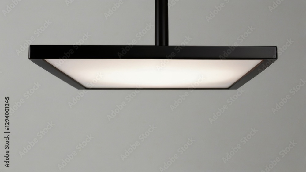 Aufkleber black square ceiling lamp with soft glowing light against a gray background in minimalist design for