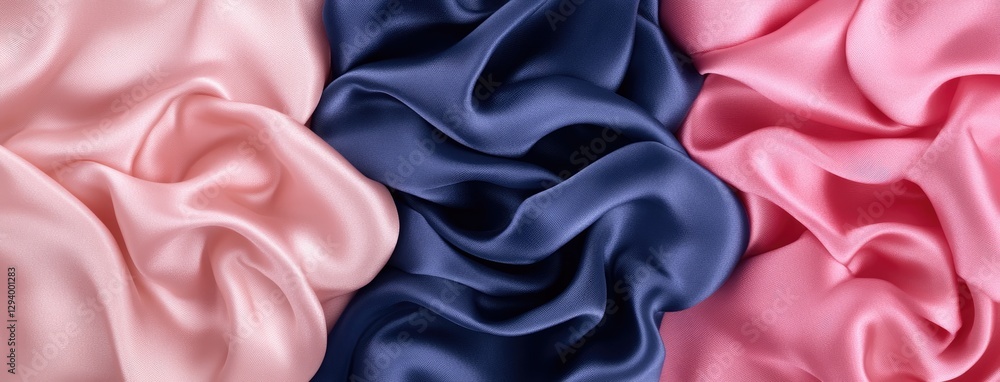 Poster smooth satin fabric in pastel blue and pink features elegant folds and ripples, creating a dynamic a