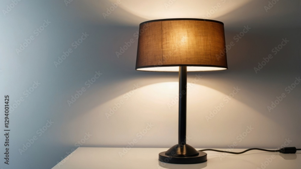 Poster black table lamp with round shade illuminating a white table against a gradient gray wall providing 