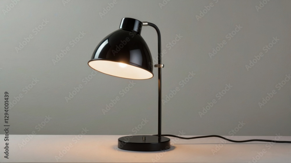 Poster black table lamp with round shade on white surface under bright illumination in a clean studio backg