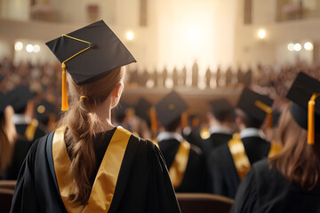 Female graduate in cap and gown at university ceremony with attendees