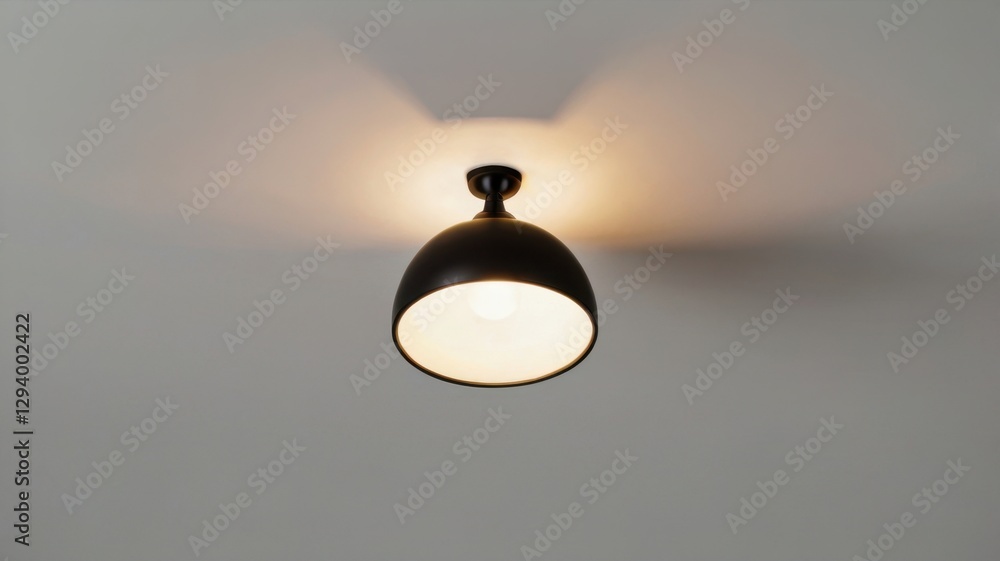Poster close up of a black ceiling lamp with round base casting light on a smooth white ceiling surface wit