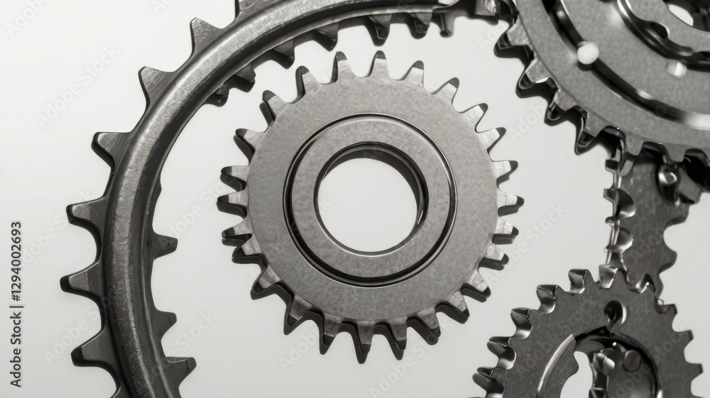 Poster close up of interlocking silver sprockets and gears against white backdrop mechanical precision and 