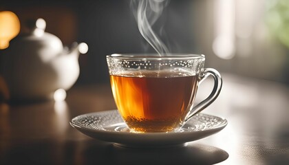 A steaming cup of tea on a wooden table