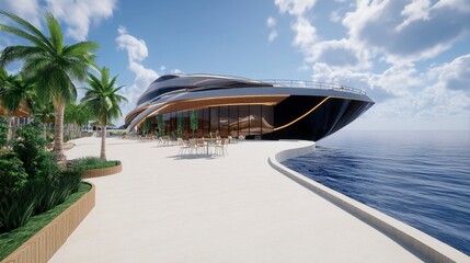 Luxury yacht docked at a tropical beach resort. Bright sunny day, palm trees, clear blue water, and white sandy beach. Modern architectural design of