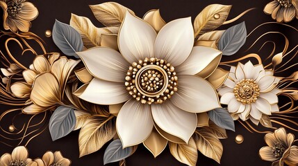 Opulent Gold and White Floral Arrangement: A Luxurious 3D Design