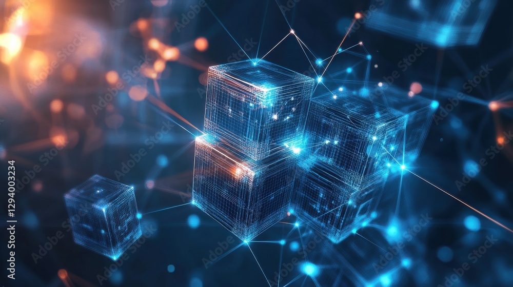 Poster abstract digital blocks connected by network lines in 3d space