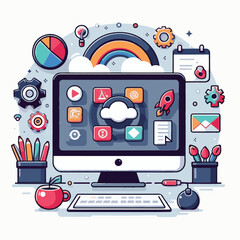 computer, business, digital, technology, communication, laptop, design, office, web, internet, tech, work, vector, modern, employee, pc, monitor, information, device, desk, online, desktop, isolated, 