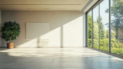 Obraz premium Modern Empty Room with Large Windows and Indoor Plant for Design
