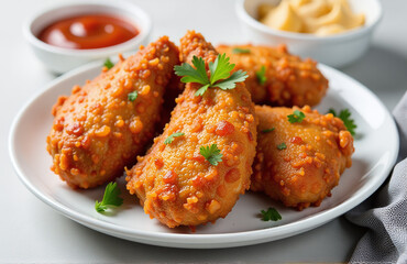 Crispy Fried Chicken Breast Pieces Served With A Side Of Tangy Dipping Sauce For A Satisfying Meal Option.