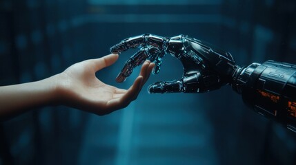 Human and robot interaction futuristic laboratory digital art sci-fi environment close-up view integration of technology