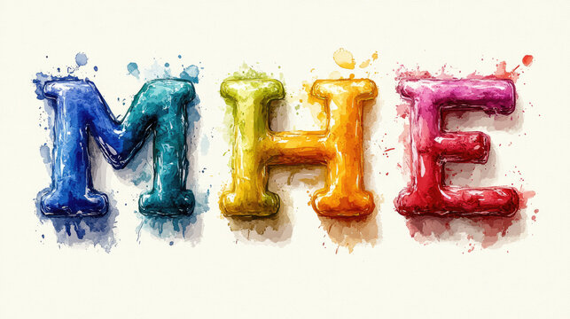 Colorful rainbow letters MHE on watercolor background