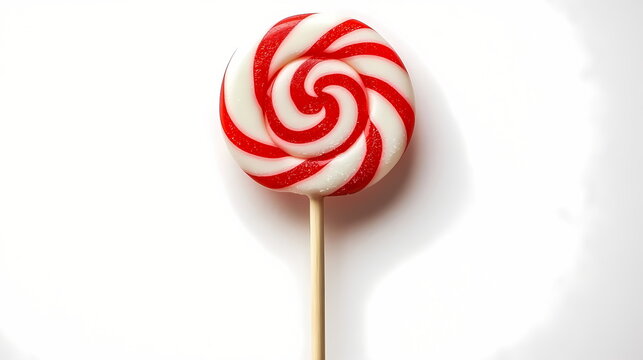 Red and white swirl lollipop on white background