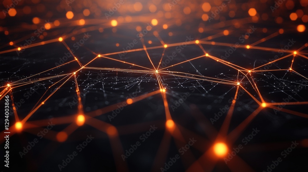 Poster cryptocurrency and blockchain communication network with glowing data links.