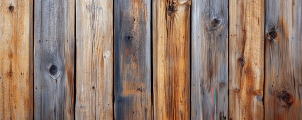 Fototapeta premium A close-up view of a rustic wooden fence with weathered planks and a bright red fire hydrant nearby.