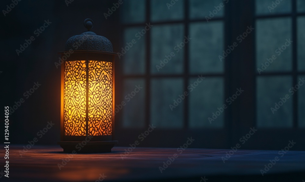 Aufkleber glowing lantern with ramadan-themed patterns on it, placed on an empty table at night