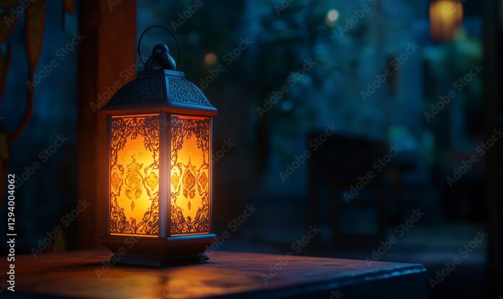 Aufkleber glowing lantern with ramadan-themed patterns on it, placed on an empty table at night