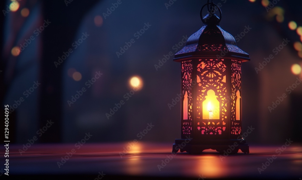Aufkleber glowing lantern with ramadan-themed patterns on it, placed on an empty table at night
